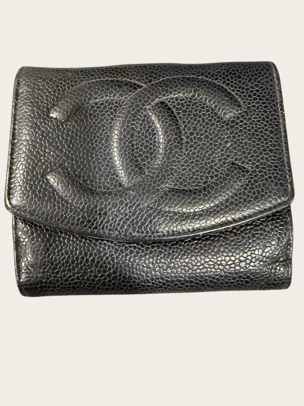Vintage Chanel Timeless CC Black Caviar Leather Compact Wallet